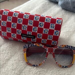 Dolce & Gabbana Red Checkered Sunglasses Case with Floral Sunglasses